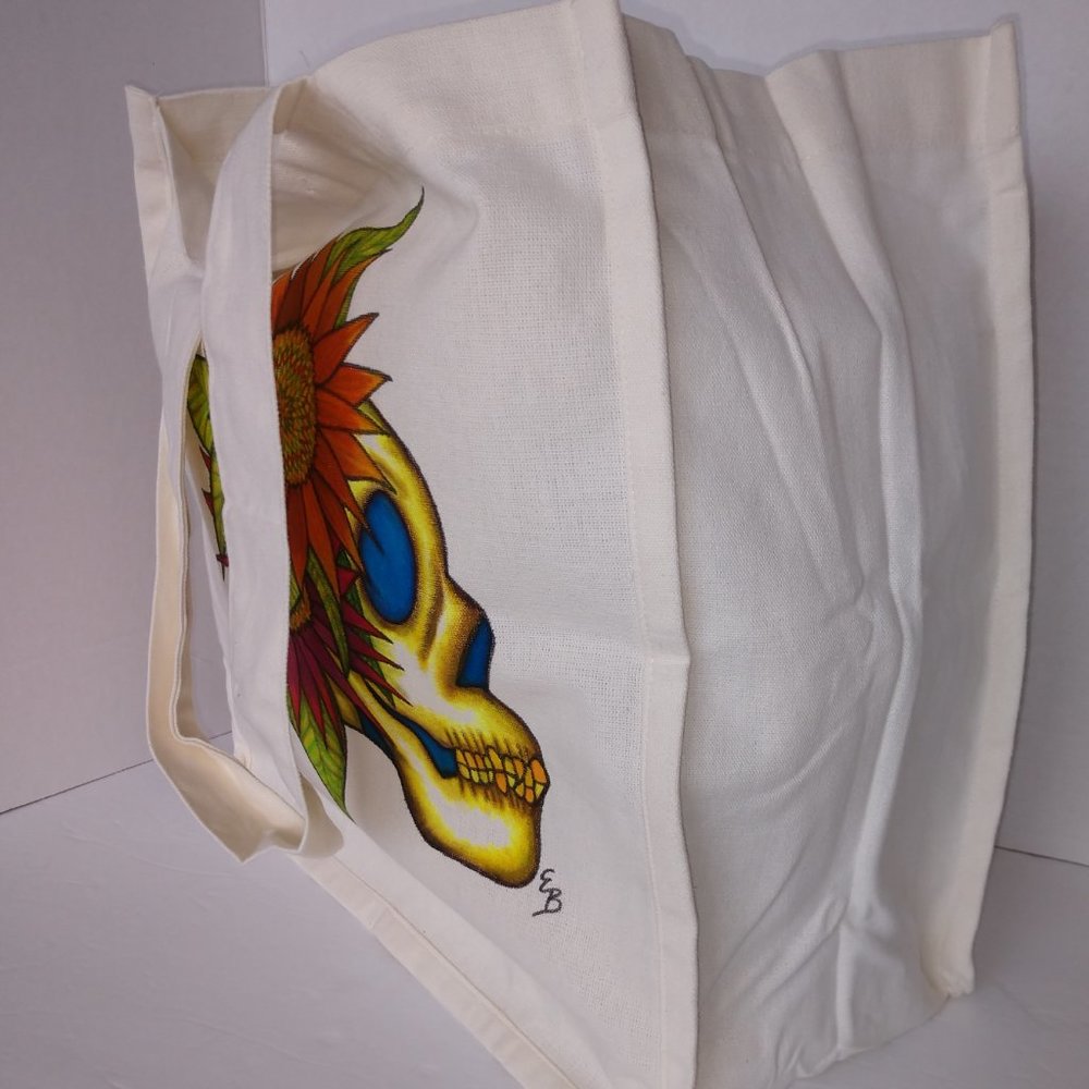 Hand-Painted Skull Tote Bag: Sunflowers Art Canvas Reusable Bag 14x13x7 - Picture 13 of 16